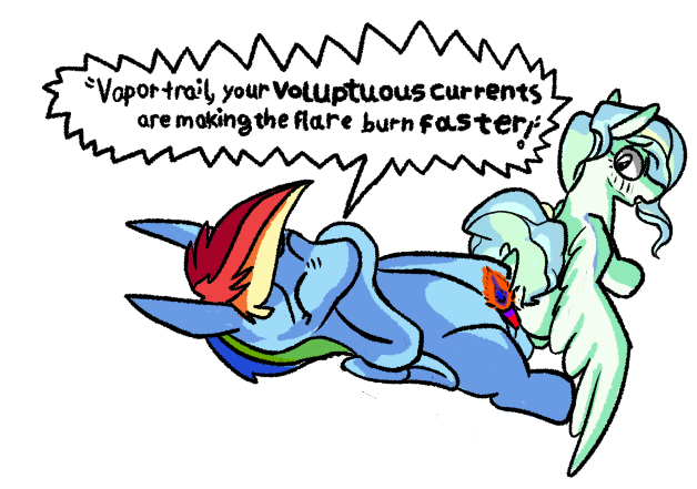 Size: 628x441 | Tagged: suggestive, artist:cammy, derpibooru import, rainbow dash, vapor trail, pegasus, pony, art pack:flare mares, dialogue, duo, female, flare, image, mare, png, raised tail, tail