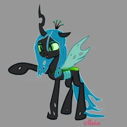 Size: 2693x2693 | Tagged: safe, artist:malice-may, derpibooru import, queen chrysalis, changeling, changeling queen, antagonist, concave belly, fangs, female, g4, image, lanky, png, pointing, simple background, skinny, solo, tall, teeth, thin, villainess, villains of equestria, young