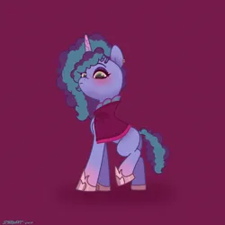 Size: 2480x2480 | Tagged: safe, artist:starburstuwu, derpibooru import, pony, unicorn, g5, blushing, cape, clothes, ear piercing, earring, female, frown, hoof shoes, horn, image, jewelry, jpeg, looking down, mare, misty brightdawn, piercing, red background, simple background, solo