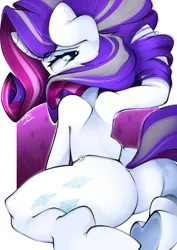 Size: 2894x4093 | Tagged: suggestive, alternate version, artist:ahekao, derpibooru import, rarity, pony, semi-anthro, unicorn, butt, clothes, fashion, female, g4, horn, image, jpeg, looking at you, looking back, older, older rarity, panties, passepartout, plot, pose, rearity, sexy, sitting, solo, solo female, thong, underhoof, underwear