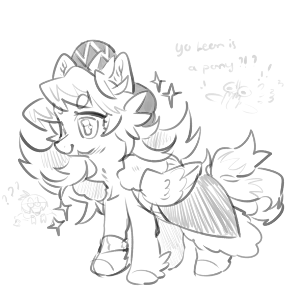 Size: 1500x1599 | Tagged: safe, artist:yuch42023, derpibooru import, ponified, pegasus, pony, baseball cap, beanbrows, beard, bracelet, cap, cape, chest fluff, clothes, eye clipping through hair, eyebrows, eyebrows visible through hair, eyelashes, facial hair, fetlock tuft, grayscale, hat, image, jewelry, leon (pokemon), long mane male, male, monochrome, png, pokemon sword and shield, pokémon, sketch, smiling, solo, sparkles, stallion, standing, text, wingding eyes