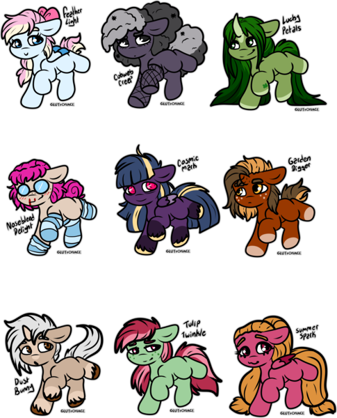 Size: 2436x3014 | Tagged: safe, artist:sexygoatgod, derpibooru import, oc, oc:cobweb creep, oc:cosmic mark, oc:dust bunny, oc:feather light, oc:garden digger, oc:lucky petals, oc:nosebleed delight, oc:summer spark, oc:tulip twinkle, unofficial characters only, earth pony, pegasus, pony, unicorn, adoptable, chibi, horn, image, png, simple background, transparent background