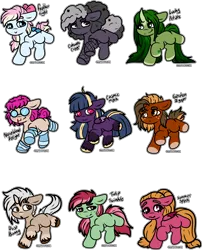 Size: 2436x3014 | Tagged: safe, artist:sexygoatgod, derpibooru import, oc, oc:cobweb creep, oc:cosmic mark, oc:dust bunny, oc:feather light, oc:garden digger, oc:lucky petals, oc:nosebleed delight, oc:summer spark, oc:tulip twinkle, unofficial characters only, earth pony, pegasus, pony, unicorn, adoptable, chibi, horn, image, png, simple background, transparent background