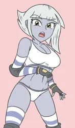 Size: 1704x2900 | Tagged: suggestive, artist:sumin6301, derpibooru import, limestone pie, human, equestria girls, 2d, bangs, belly button, breasts, busty limestone pie, cleavage, clothes, elbow pads, female, fingerless gloves, g4, gloves, image, jpeg, knee pads, legs, midriff, open mouth, pink background, shorts, simple background, socks, solo, sports bra, sports shorts, thigh highs, thighs