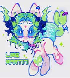 Size: 1670x1848 | Tagged: safe, artist:yuch42023, derpibooru import, oc, oc:lime martini, ponified, unofficial characters only, pony, ambiguous gender, big ears, big eyes, blue eyes, blue sclera, bridge piercing, coat markings, colored eartips, colored eyebrows, colored pinnae, countershading, ear piercing, earring, facial markings, fish tail, green mane, green text, image, jewelry, jpeg, lip piercing, looking at you, multicolored mane, outline, piercing, pigtails, ponified oc, raised hoof, shiny mane, shiny tail, smiling, snake bites, sparkles, star (coat marking), stare, staring into your soul, tail, text, two toned tail, white coat, wingding eyes