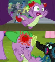 Size: 1496x1672 | Tagged: semi-grimdark, edit, edited screencap, ponerpics import, ponybooru import, screencap, pinkie pie, princess cadance, queen chrysalis, spike, twilight sparkle, abuse, cadance laughs at your misery, chrysalis laughs at your misery, crying, exploitable meme, food, image, jpeg, laughing, meme, obligatory pony, op is a cuck, op is a duck, op is trying to start shit, sad, shitposting, spikeabuse, tomato