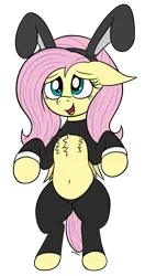 Size: 1109x2103 | Tagged: safe, artist:wapamario63, ponerpics import, ponybooru import, fluttershy, pegasus, pony, belly, belly button, bipedal, bunny ears, bunny suit, chest fluff, clothes, cute, female, image, mare, open mouth, png, reverse bunny suit, simple background, solo, transparent background