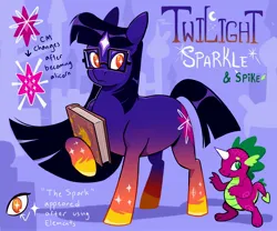 Size: 3000x2500 | Tagged: safe, artist:cracklewink, derpibooru import, part of a set, spike, twilight sparkle, dragon, earth pony, pony, abstract background, alternate color palette, alternate cutie mark, alternate design, alternate eye color, alternate hair color, alternate tail color, beanbrows, black mane, black tail, book, colored hooves, colored horn, duo, duo male and female, earth pony twilight, eyebrows, eyelashes, female, frills, frown, glasses, gradient legs, green eyes, green text, high res, hoof hold, horn, image, jpeg, long mane, male, mare, purple coat, purple scales, purple text, race swap, raised arm, redesign, shadow, shiny hooves, shiny mane, shiny tail, slit pupils, smiling, solo focus, species swap, square glasses, starry eyes, starry legs, straight mane, straight tail, tail, text, wingding eyes, yellow eyes