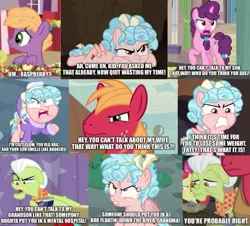 Size: 737x665 | Tagged: safe, derpibooru import, edit, edited screencap, screencap, apple bloom, big macintosh, cozy glow, granny smith, little mac, sugar belle, earth pony, pegasus, pony, a trivial pursuit, frenemies (episode), hard to say anything, hearthbreakers, school raze, the last problem, 20000 patties under the sea, angry, apple, apple bloom's bow, big macintosh's yoke, bow, caption, clothes, colt, comic, female, filly, foal, food, g4, granny smith's shawl, gritted teeth, hair bow, horse collar, image, image macro, imgflip, jpeg, lying down, male, mare, open mouth, plankton, prone, reference, sad, scarf, screencap comic, spongebob reference, spongebob squarepants, stallion, tail, tail bow, teeth, text