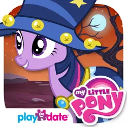 Size: 1024x1024 | Tagged: safe, derpibooru import, official, twilight sparkle, pony, unicorn, luna eclipsed, app icon, cloak, clothes, costume, dead tree, female, full moon, g4, grin, hat, image, mare, moon, my little pony logo, my little pony: trick or treat, outdoors, playdate digital, png, smiling, solo, star swirl the bearded costume, tree, unicorn twilight