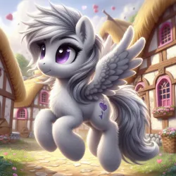 Size: 1024x1024 | Tagged: safe, ai content, machine learning generated, ponerpics import, ponybooru import, silverspeed, pegasus, pony, alternate cutie mark, bing, female, fluffy, flying, heart, image, jpeg, mare, ponyville, smiling, solo