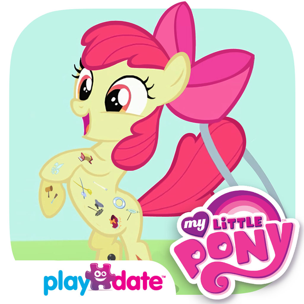 Size: 1024x1024 | Tagged: safe, derpibooru import, official, apple bloom, earth pony, pony, the cutie pox, app icon, apple bloom's bow, bow, cutie mark, cutie pox, female, filly, foal, g4, hair bow, image, loop-de-hoop, my little pony logo, my little pony: cutie pox, open mouth, open smile, outdoors, playdate digital, png, rearing, smiling, solo