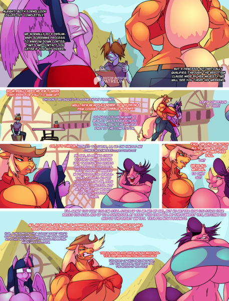 Size: 1676x2199 | Tagged: suggestive, artist:thebigbadwolf01, derpibooru import, applejack, spoiled rich, twilight sparkle, twilight sparkle (alicorn), alicorn, anthro, comic:pageantry, bandeau, big breasts, breasts, clothes, front knot midriff, huge breasts, image, impossibly large breasts, midriff, miniskirt, muscles, pants, png, skirt