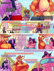 Size: 1676x2199 | Tagged: suggestive, artist:thebigbadwolf01, derpibooru import, applejack, spoiled rich, twilight sparkle, twilight sparkle (alicorn), alicorn, anthro, comic:pageantry, bandeau, big breasts, breasts, clothes, front knot midriff, huge breasts, image, impossibly large breasts, midriff, miniskirt, muscles, pants, png, skirt