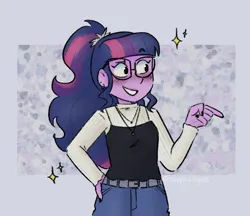 Size: 1505x1299 | Tagged: safe, artist:sunsetslight, derpibooru import, sci-twi, twilight sparkle, human, equestria girls, black nail polish, blushing, ear piercing, earring, female, g4, glasses, hand on hip, image, jewelry, necklace, painted nails, passepartout, piercing, png, pointing, ponytail, scrunchie, smiling, solo, sparkles
