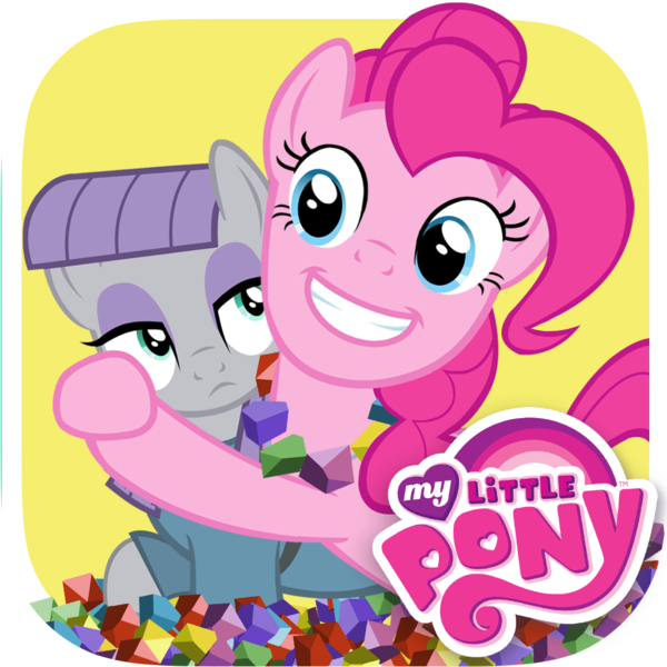 Size: 1024x1024 | Tagged: safe, derpibooru import, official, maud pie, pinkie pie, earth pony, pony, app icon, duo, duo female, face, faic, female, g4, grin, hug, icon, image, jewelry, lidded eyes, mare, my little pony logo, my little pony: pinkie pie's sister, necklace, playdate digital, png, rock candy necklace, siblings, sisters, smiling