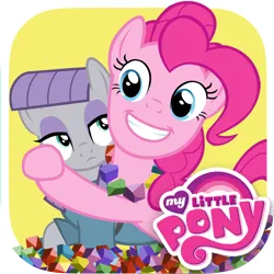 Size: 1024x1024 | Tagged: safe, derpibooru import, official, maud pie, pinkie pie, earth pony, pony, app icon, duo, duo female, face, faic, female, g4, grin, hug, icon, image, jewelry, lidded eyes, mare, my little pony logo, my little pony: pinkie pie's sister, necklace, playdate digital, png, rock candy necklace, siblings, sisters, smiling