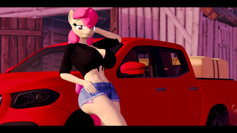 Size: 3840x2160 | Tagged: suggestive, artist:themanwithaquest, derpibooru import, apple bloom, anthro, earth pony, plantigrade anthro, 3d, barn, belly button, breasts, busty apple bloom, clothes, cutie mark, denim, denim shorts, female, g4, hay, image, legs, looking at you, midriff, older, older apple bloom, outdoors, png, shorts, smiling, smiling at you, source filmmaker, thighs, truck