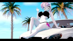 Size: 3840x2160 | Tagged: suggestive, artist:themanwithaquest, derpibooru import, sweetie belle, anthro, plantigrade anthro, unicorn, 3d, ankles, barefoot, belly button, bikini, bikini bottom, bikini top, breasts, busty sweetie belle, car, clothes, cloud, cutie mark, feet, female, fingernails, g4, horn, image, legs, looking at you, midriff, nail polish, nails, older, older sweetie belle, outdoors, palm tree, png, sky, solo, solo female, source filmmaker, swimsuit, toenail polish, toenails, toes, tree