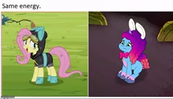 Size: 742x423 | Tagged: safe, derpibooru import, fluttershy, friendship is magic, g5, magic duel, my little pony: tell your tale, animal costume, bunny costume, bunny ears, clothes, costume, g4, image, jpeg, meme, misty brightdawn