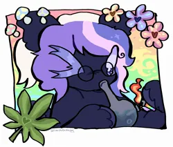 Size: 2272x1936 | Tagged: safe, artist:larvaecandy, derpibooru import, oc, oc:fluff fablewing, unofficial characters only, pegasus, pony, 4/20, big ears, big eyes, black coat, bong, colored eyelashes, colored hooves, commission, drug use, drugs, eye clipping through hair, floppy ears, flower, glasses, hoof hold, image, jpeg, lighter, marijuana, multicolored mane, mushroom, one eye closed, pegasus oc, ponytail, purple eyes, round glasses, short mane, signature, solo, tied mane, unshorn fetlocks, wingding eyes, wings, wink, ych result