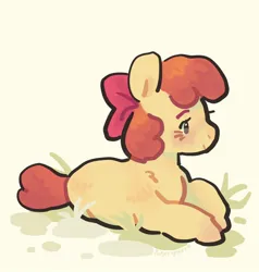 Size: 1014x1066 | Tagged: safe, artist:puppysphere, derpibooru import, apple bloom, earth pony, pony, blushing, female, filly, foal, grass, image, jpeg, light yellow background, lying down, prone, smiling, solo