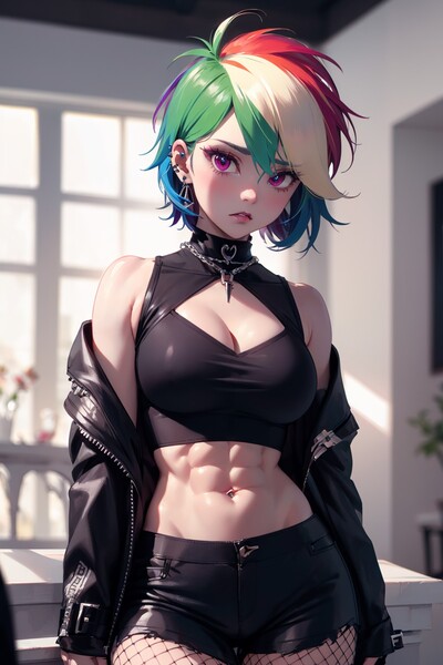 Size: 1024x1536 | Tagged: safe, ai content, derpibooru import, editor:sammykun, machine learning generated, rainbow dash, human, abs, breasts, busty rainbow dash, choker, cleavage, clothes, ear piercing, earring, emotionless, female, female focus, fishnet clothing, fishnet pantyhose, fishnets, g4, generator:yodayo, goth, gothic, humanized, image, indoors, jacket, jewelry, jpeg, long sleeves, looking at you, midriff, open clothes, open jacket, outfit, pantyhose, piercing, prompter:sammykun, punk, short hair, shorts, socks, solo focus, stockings, straps, thigh highs, window