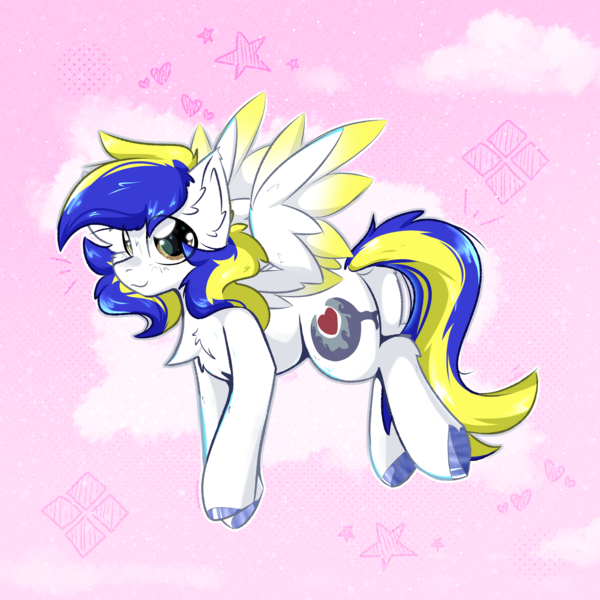 Size: 2000x2000 | Tagged: safe, artist:jubyskylines, derpibooru import, oc, oc:juby skylines, unofficial characters only, pegasus, pony, abstract background, chest fluff, colored wings, gradient wings, image, male, pegasus oc, png, smiling, spread wings, stallion, wings