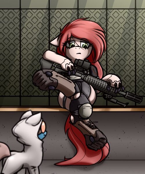 Size: 567x680 | Tagged: safe, artist:jetwave, derpibooru import, oc, oc:recce, earth pony, pony, armor, assault rifle, big mare, boots, clothes, female, gun, image, jpeg, mare, prosthetics, rifle, shoes, tactical, weapon
