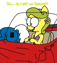 Size: 3023x3351 | Tagged: safe, artist:professorventurer, derpibooru import, oc, oc:bikini breeze, unofficial characters only, bikini, bikini top, butt, car, clothes, driver's ed, driving, driving instructor, duo, flower, flower in hair, high res, image, plot, png, simple background, stress vomit, swimsuit, vomit, vomiting, white background