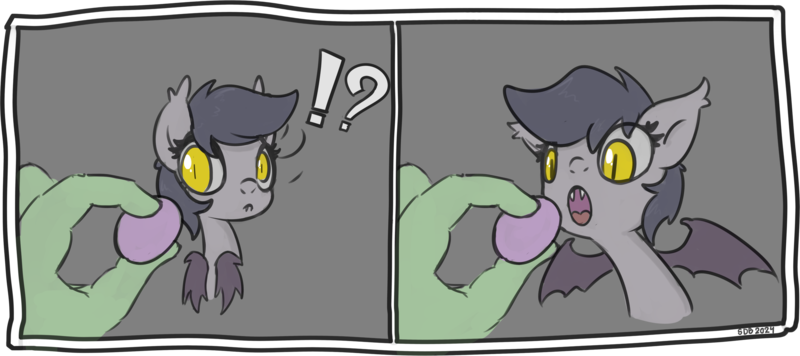 Size: 4352x1935 | Tagged: safe, artist:superderpybot, derpibooru import, oc, oc:anon, bat pony, pony, comic, curious, cute, disembodied hand, fangs, female, food, g4, grape, grapes, hand, image, mare, open mouth, png, simple background, sketch, solo, solo female, spread wings, surprised, wings