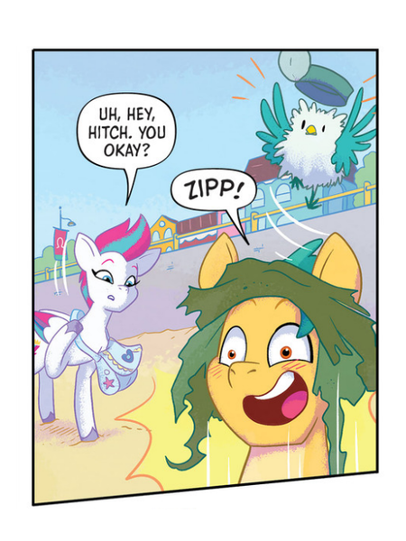 Size: 515x686 | Tagged: safe, artist:amy mebberson, derpibooru import, idw, hitch trailblazer, kenneth, zipp storm, bird, earth pony, pegasus, pony, g5, spoiler:comic, spoiler:g5comic, bag, beach, blushing, dialogue, female, folded wings, image, male, mare, my little pony: set your sail, png, sand, shipping fuel, smiling, speech bubble, stallion, surprised, text, trio, wings