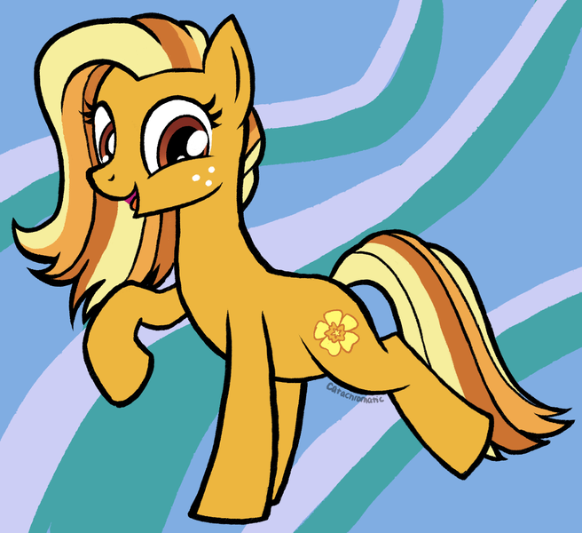 Size: 1173x1073 | Tagged: safe, artist:catachromatic, derpibooru import, oc, oc:buttercup, unofficial characters only, earth pony, pony, fanfic:a clever pony, abstract background, black outlines, fanfic art, female, freckles, image, looking at self, mare, open mouth, open smile, png, raised hoof, signature, smiling, solo, standing on two hooves