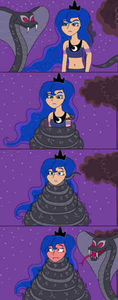 Size: 1006x2563 | Tagged: safe, artist:ocean lover, derpibooru import, princess luna, cobra, human, reptile, snake, 1000 hours in ms paint, 4 panel comic, asphyxiation, bare midriff, bare shoulders, belly button, blue eyeshadow, blue lipstick, clothes, coiling, coils, comic, confused, constriction, crown, curvy, ethereal hair, eyeliner, eyeshadow, female, forked tongue, hissing, hourglass figure, human coloration, humanized, image, jewelry, lipstick, looking at each other, looking at someone, makeup, midriff, ms paint, night, night sky, open mouth, outdoors, peytral, png, princess of the night, puffy cheeks, purple sky, red face, regalia, scales, sharp teeth, shocked, shrunken pupils, sky, sleeveless, snake tail, species swap, squeeze, squeezing, starry hair, starry night, stars, story included, struggling, suspicious, tail, teal eyes, teeth, this will end in death, this will not end well, tree, wavy hair, wide eyes, wrapped up, wrapping