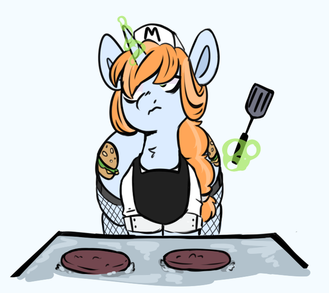 Size: 711x635 | Tagged: safe, artist:ghostyglue, derpibooru import, oc, oc:double decker, pony, unicorn, apron, braid, braided ponytail, burger, butt, clothes, colored sketch, cooking, female, fishnet clothing, fishnets, food, green magic, horn, huge butt, image, large butt, mare, orange hair, orange mane, png, ponytail, sketch, socks, solo, spatula, stockings, the ass was fat, thigh highs, uniform, wide hips