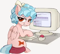 Size: 3082x2796 | Tagged: safe, artist:quotepony, cozy glow, pegasus, pony, 4chan, chess piece, computer, crt, escii keyboard, female, filly, folded wings, freckles, g4, high res, image, looking back, png, pure concentrated unfiltered evil of the utmost potency, pure unfiltered evil, simple background, sitting, smiling, smirk, solo, trackball, white background, wings
