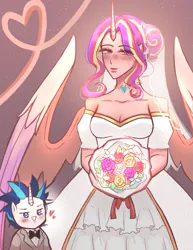 Size: 2975x3850 | Tagged: safe, artist:luna4812, derpibooru import, princess cadance, shining armor, human, bouquet, bowtie, breasts, cleavage, clothes, dress, duo, duo male and female, female, flower, heart, height difference, high res, horn, horned humanization, humanized, image, looking at you, male, meme, messy hair, png, pony coloring, ship:shiningcadance, shipping, smiling, smiling at you, straight, the bride and the ugly ass groom, tuxedo, wedding dress, winged humanization, wings