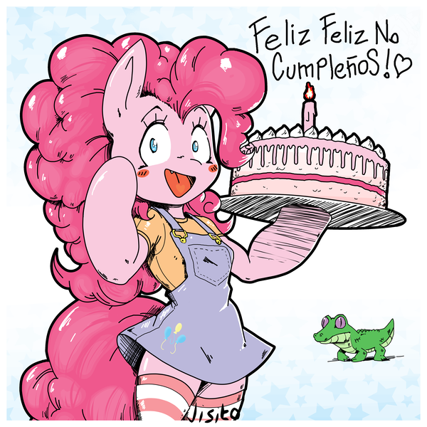 Size: 4096x4096 | Tagged: safe, artist:jisito, derpibooru import, gummy, pinkie pie, alligator, anthro, earth pony, arm hooves, blushing, cake, clothes, food, image, looking at you, open mouth, open smile, png, smiling, socks, spanish, striped stockings, thigh highs
