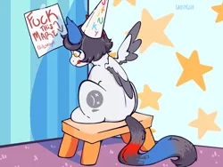 Size: 1400x1050 | Tagged: safe, artist:ghostyglue, derpibooru import, oc, oc:clowne, pegasus, pony, carpet, clown, clown makeup, colored, commission, dunce hat, hat, image, long tail, pegasus oc, plastic chair, png, pouting, simple background, solo, tail, wings, ych result