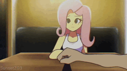Size: 1280x720 | Tagged: safe, artist:sunsetzg3, derpibooru import, fluttershy, equestria girls, animated, badass, badass adorable, blinking, bottle, clothes, cute, drink, first person view, g4, image, looking at you, offscreen character, pov, table, tanktop, webm