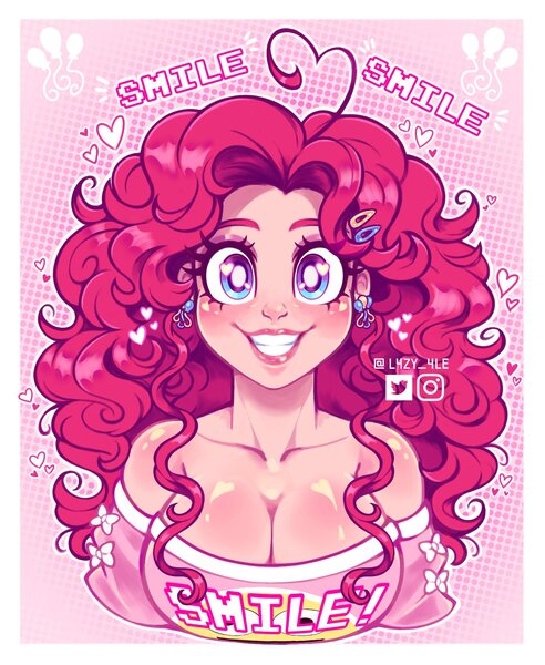 Size: 1380x1682 | Tagged: safe, artist:l4zy_4le, derpibooru import, pinkie pie, human, ahoge, big breasts, border, breasts, bust, busty pinkie pie, cleavage, clothes, ear piercing, earring, front view, hair accessory, heart, humanized, image, jewelry, jpeg, looking at you, off shoulder, piercing, smiling, solo, toothy grin