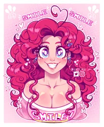 Size: 1380x1682 | Tagged: safe, artist:l4zy_4le, derpibooru import, pinkie pie, human, ahoge, big breasts, border, breasts, bust, busty pinkie pie, cleavage, clothes, ear piercing, earring, front view, hair accessory, heart, humanized, image, jewelry, jpeg, looking at you, off shoulder, piercing, smiling, solo, toothy grin