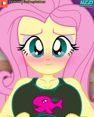 Size: 400x500 | Tagged: questionable, artist:uzzi-ponydubberx, derpibooru import, fluttershy, human, equestria girls, animated, blushing, breasts, busty fluttershy, censored, censored breasts, clothes, g4, gif, image, looking at you, patreon, patreon censored, patreon logo, smiling, smiling at you, swimsuit