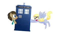 Size: 2584x1543 | Tagged: safe, artist:katelynntheg, derpibooru import, derpy hooves, doctor whooves, time turner, earth pony, pegasus, pony, 2013, doctor who, duo, duo male and female, female, high res, image, male, mare, open mouth, open smile, png, pushing, simple background, smiling, stallion, tardis, transparent background