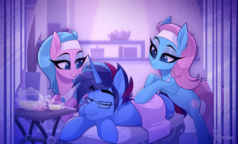 Size: 2400x1450 | Tagged: safe, artist:thewandie, derpibooru import, aloe, lotus blossom, oc, oc:marquis majordome, earth pony, pony, unicorn, commission, cup, eyes closed, eyeshadow, fangs, female, food, g4, glasses, horn, image, lying down, makeup, male, mare, massage, pillow, png, prone, spa, spa twins, tea, teacup, teapot, towel, trio, trio female, unicorn oc, wings, ych result