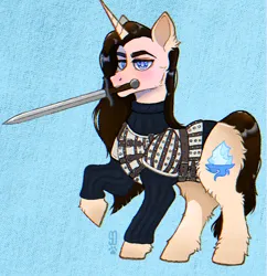 Size: 1314x1358 | Tagged: safe, artist:sugar daze, twibooru exclusive, oc, oc:cullen ice-eyes, unicorn, ponyfinder, bastard sword, brigandine, commission, dungeons and dragons, horn, image, no source available, pathfinder, pen and paper rpg, png, rpg, snowpony, sword, unicorn oc, weapon