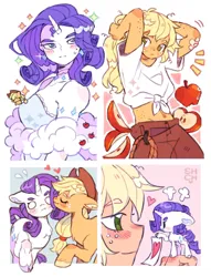 Size: 1501x1961 | Tagged: safe, artist:sharpycharot, derpibooru import, applejack, rarity, earth pony, human, pony, unicorn, apple, apple slice, applejack's hat, bandaid, belly button, blank eyes, blushing, colored ear fluff, cowboy hat, duo, duo female, ear fluff, ear piercing, earring, emanata, eye clipping through hair, female, food, freckles, front knot midriff, g4, hairband, hat, heart, horn, image, jewelry, lesbian, looking at each other, looking at someone, mare, midriff, paper, piercing, plewds, png, rarijack, shipping, smiling, sparkles, tiny, unshorn fetlocks