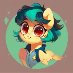 Size: 4096x4096 | Tagged: safe, ai content, derpibooru import, machine learning generated, prompter:loxaxs, stable diffusion, oc, oc:apogee, unofficial characters only, pegasus, pony, bust, chest fluff, clothes, cute, female, filly, foal, freckles, generator:pony diffusion v6 xl, generator:purplesmart.ai, green background, happy, image, jpeg, portrait, red eyes, short mane, simple background, smiling, solo, solo female, standing, stars
