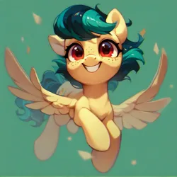 Size: 4096x4096 | Tagged: safe, ai content, derpibooru import, machine learning generated, prompter:loxaxs, stable diffusion, oc, oc:apogee, unofficial characters only, pegasus, pony, chest fluff, cute, female, filly, flying, foal, freckles, generator:purplesmart.ai, green background, grin, happy, image, jpeg, red eyes, short mane, simple background, smiling, solo, solo female, spread wings, standing, stars, wings