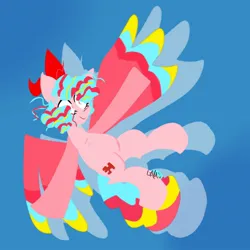 Size: 1280x1280 | Tagged: safe, artist:loona95517858, derpibooru import, cozy glow, pegasus, pony, blue background, female, filly, foal, image, jpeg, rainbow power, rainbow power-ified, simple background, solo